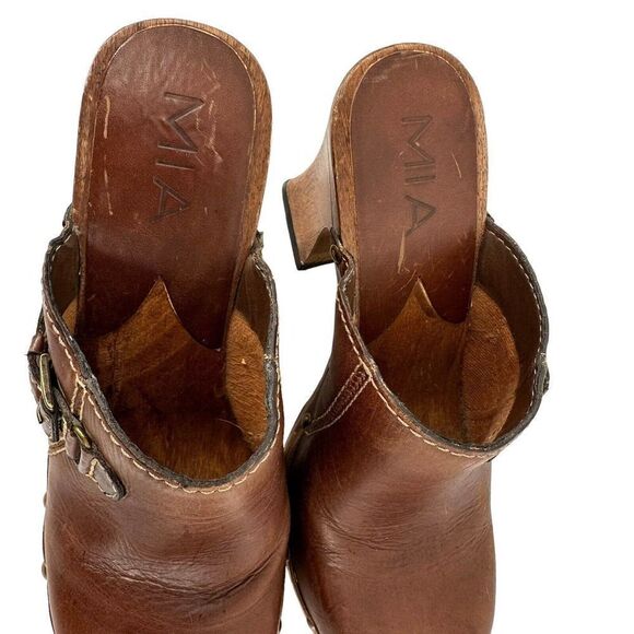 MIA Wooden Clogs Mules Y2K Brown Distressed Leather Womens US Size 7 Chunky Heel - Picture 5 of 14